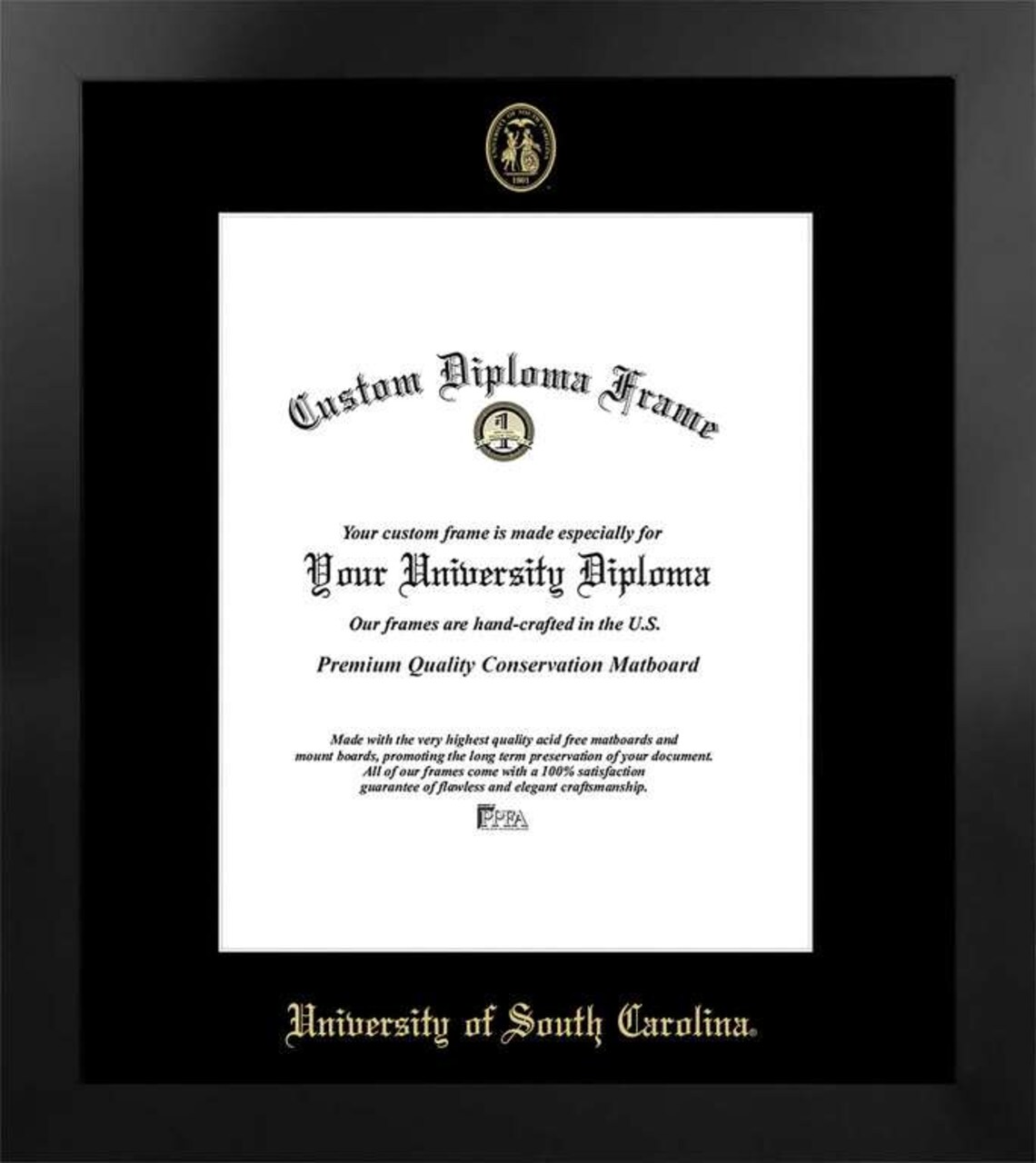 University of South Carolina 11w x 14h Manhattan Black Single Mat Gold Embossed Diploma Frame with Bonus Campus Images Lithograph (value savings at $59)